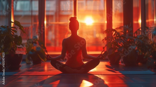 Yoga and meditation in the office with serene settings, peaceful and inviting, Urban, Soft tones, Photograph, Workplace relaxation