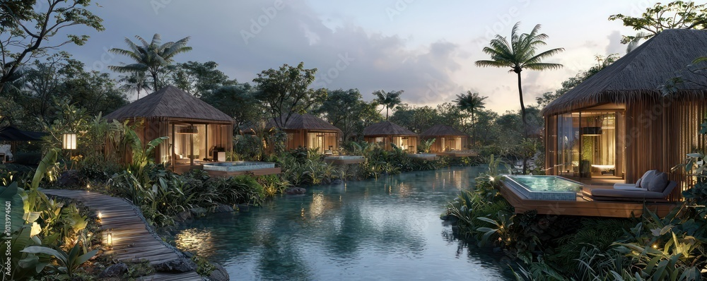 A panoramic view of a luxury resort where each villa is designed with a private bio-pool, blending naturally into the surrounding landscape A panoramic view of a luxury resort where each villa is designed with a private bio-pool, blending naturally into the surrounding landscape