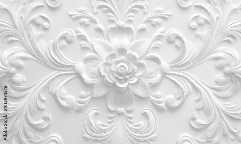 Elegant Light Ornate Pattern Wallpaper. White 3D Baroque Background Elegant Light Ornate Pattern Wallpaper. White 3D Baroque Background