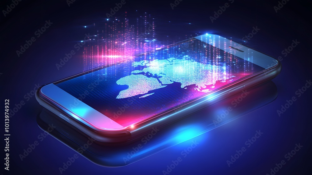 Fototapeta premium Mobile global internet communications showcasing the World Wide Web on a smartphone, utilizing wireless satellite network technology and cloud services.