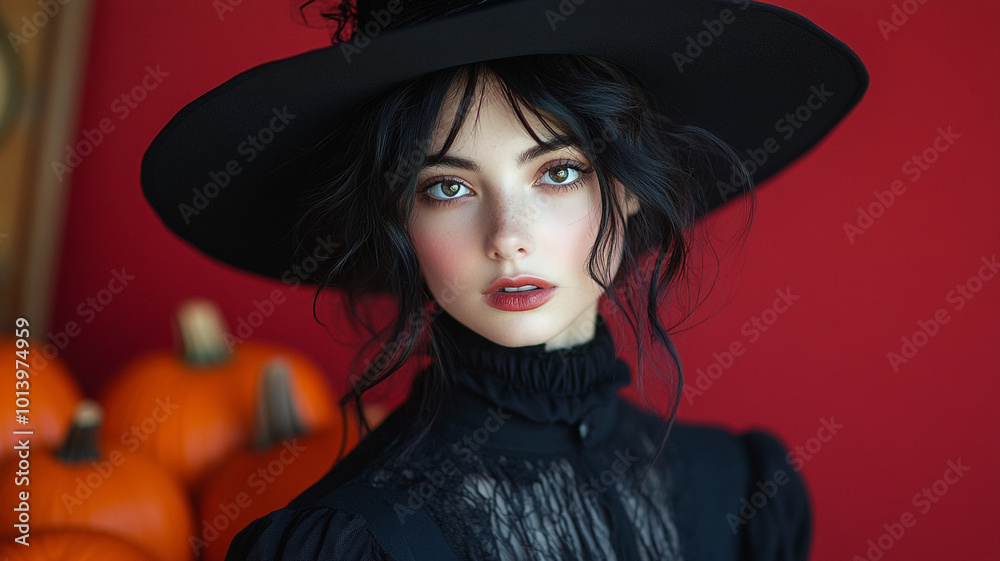 A young woman in a witch costume is sitting with pumpkins. A young woman in a witch costume is sitting with pumpkins.
