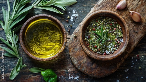 Preparing homemade herb seasoning with spices and olive oil