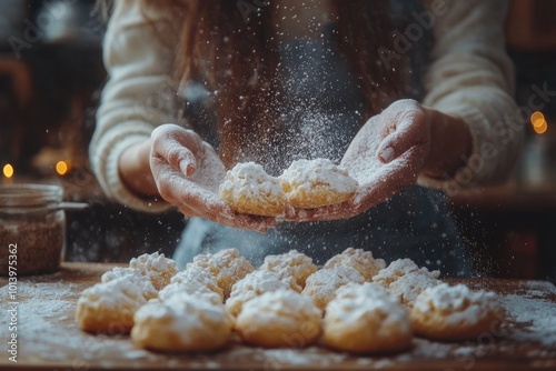 Pastry chef dusting christmas cookies with powdered sugar on wooden board