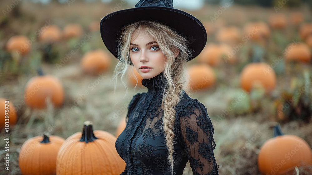 A young woman in a witch costume is sitting with pumpkins.