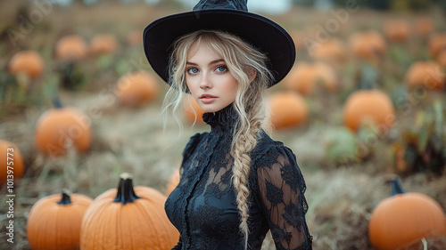 A young woman in a witch costume is sitting with pumpkins.