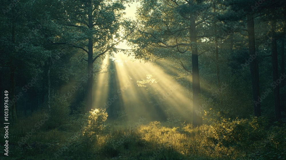 Naklejka premium Sun shining through trees in lush green forest