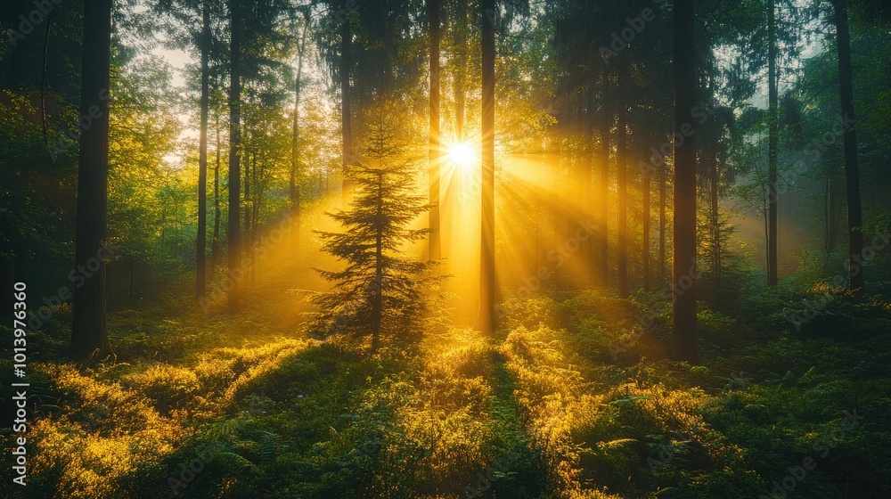 Obraz premium Sun shining through fog and trees in magical forest at sunrise