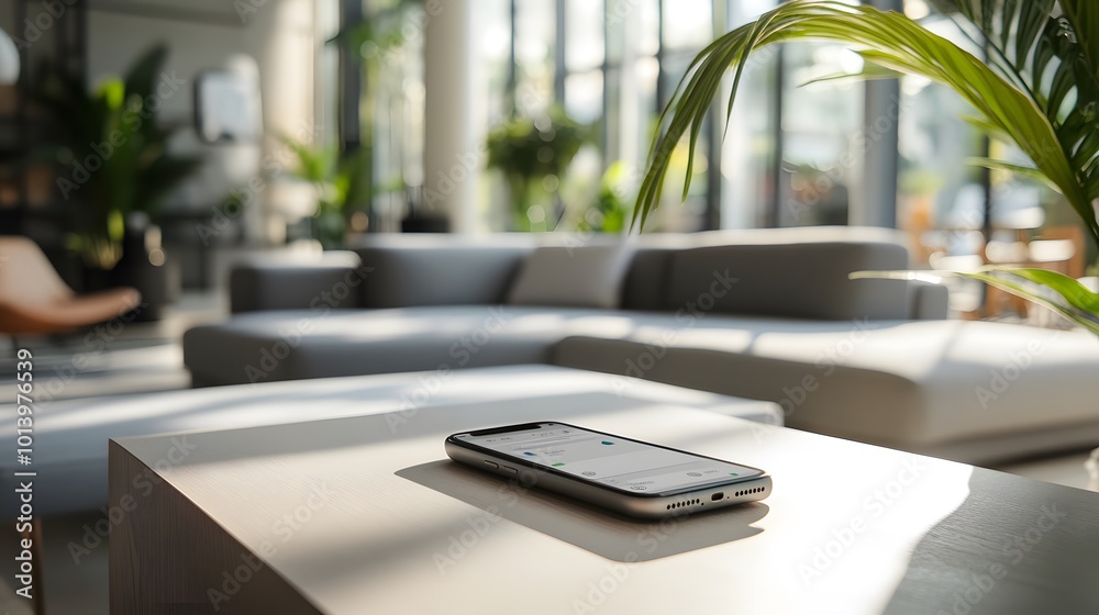 Mobile phone with a smart home app in a modern living room, highlighting tech integration in everyday life Mobile phone with a smart home app in a modern living room, highlighting tech integration in everyday life