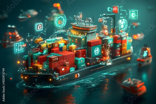 Colossal imposing futuristic cargo container ships bristling with advanced sensors and automation navigating through intricate networks of maritime trade