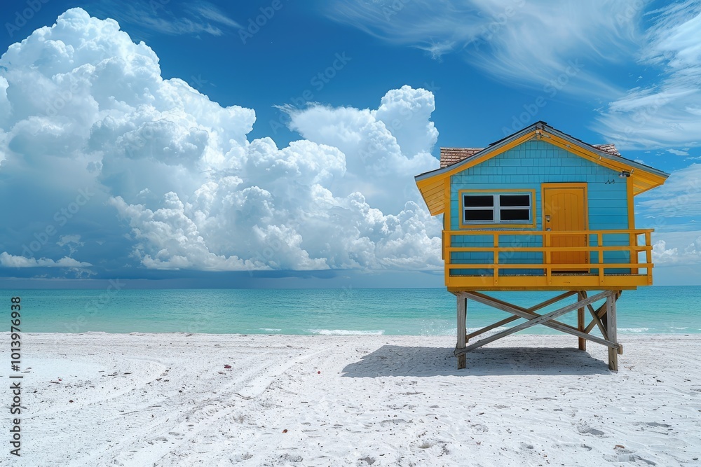 Colorful beach hut standing on white sand beach with dramatic cloudscape Colorful beach hut standing on white sand beach with dramatic cloudscape