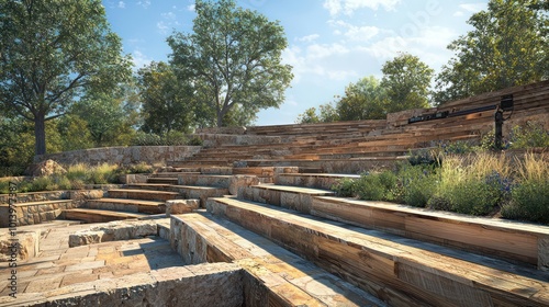 A view of an outdoor amphitheater with seating crafted from reclaimed wood and stone, integrating high-fidelity sound equipment camouflaged within the landscape