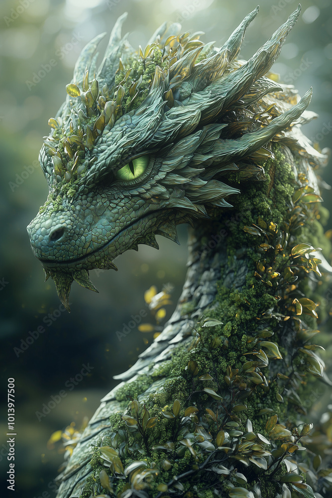 majestic green dragon cloaked in moss and vines gazes serenely in lush woods majestic green dragon cloaked in moss and vines gazes serenely in lush woods