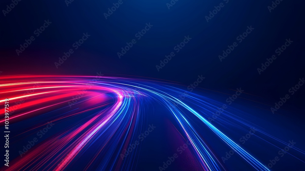 Modern abstract high-speed movement with dynamic motion light trails on a dark blue background