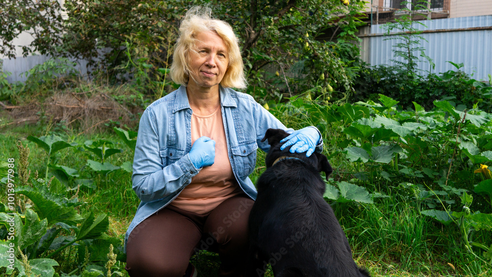 A vet woman is petting a black dog in a garden. Sitting near dog A vet woman is petting a black dog in a garden. Sitting near dog