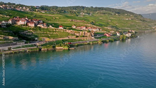 Aerial View of a Mountain Village in the Swiss Valley Overlooking Lake Geneva