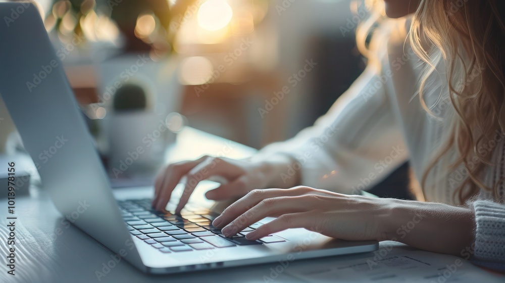 Closeup shot woman hand typing on laptop computer keyboard. Businesswoman using laptop at home office. surfing the internet, e-learning, searching information Closeup shot woman hand typing on laptop computer keyboard. Businesswoman using laptop at home office. surfing the internet, e-learning, searching information