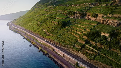 Aerial View of a Mountain Village in the Swiss Valley Overlooking Lake Geneva
