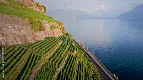 Aerial View of a Mountain Village in the Swiss Valley Overlooking Lake Geneva