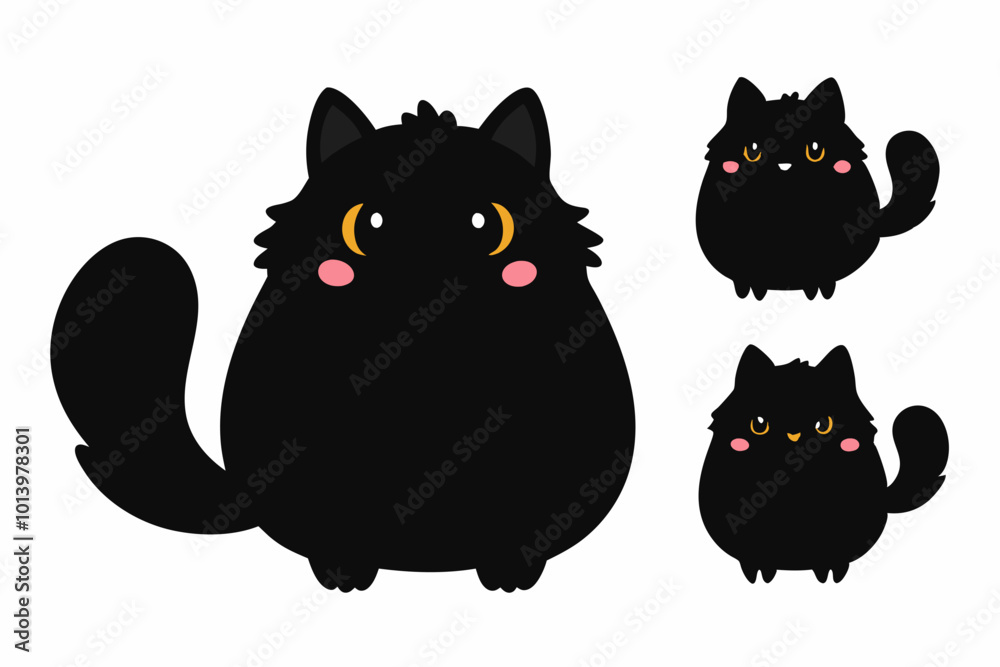 Black cat emotions sticker set. Fluffy fat cat cartoon style. Black Halloween kitten. Hand drawn vector illustration isolated on white background. Black cat emotions sticker set. Fluffy fat cat cartoon style. Black Halloween kitten. Hand drawn vector illustration isolated on white background.