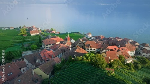 Aerial View of a Mountain Village in the Swiss Valley Overlooking Lake Geneva