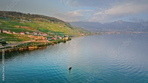 Aerial View of a Mountain Village in the Swiss Valley Overlooking Lake Geneva
