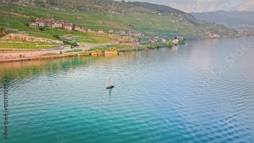 Aerial View of a Mountain Village in the Swiss Valley Overlooking Lake Geneva