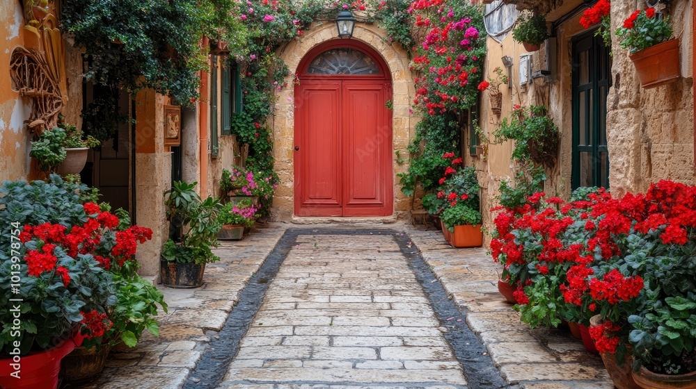 Red Door and Flowers in a Cobblestone Alleyway Red Door and Flowers in a Cobblestone Alleyway