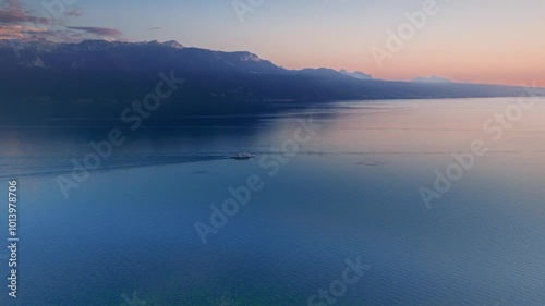 Aerial View of a Mountain Village in the Swiss Valley Overlooking Lake Geneva