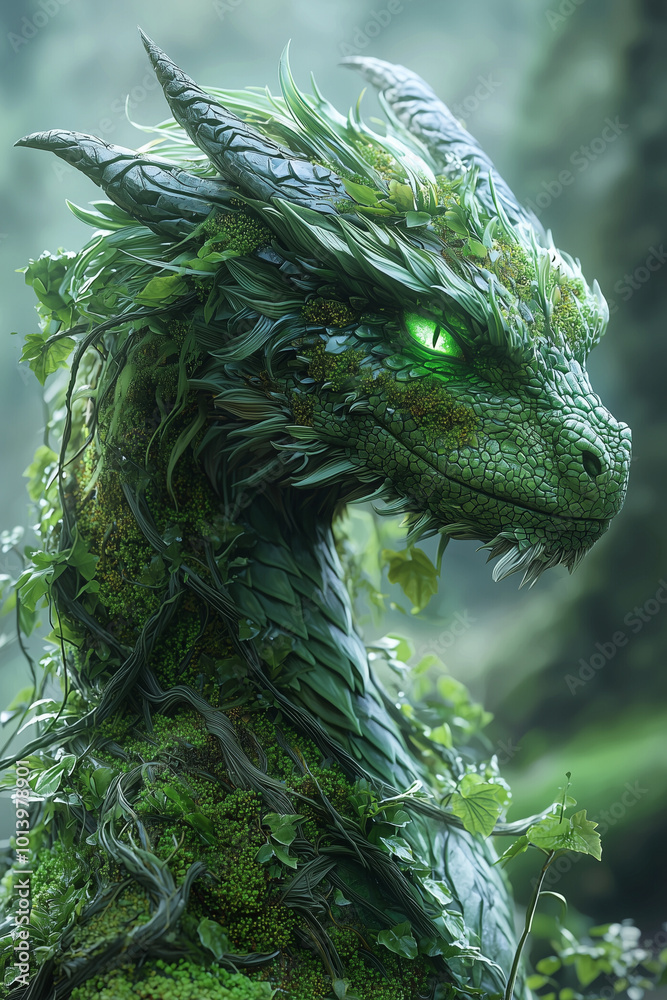 serene green dragon covered in moss and vines watches calmly from the forest serene green dragon covered in moss and vines watches calmly from the forest
