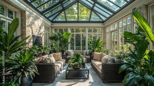 Sunlit conservatory with a glass roof, surrounded by lush indoor plants and comfortable seating