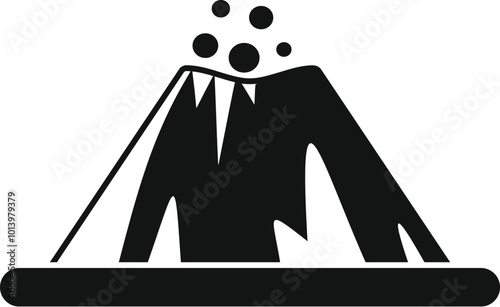 Black and white silhouette of a volcano erupting with smoke and ash