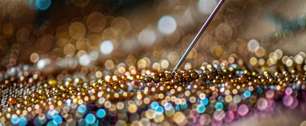 defocused of delicate hand beading work, showcasing tiny beads and shimmering threads defocused of delicate hand beading work, showcasing tiny beads and shimmering threads