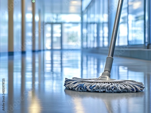 Wallpaper Mural Spotless Serenity: A Mop on a Reflective Surface in a Bright Hallway – Perfect Poster for Sports Interiors and Modern Spaces, Emphasizing Cleanliness and Bright Light Ambiance. Torontodigital.ca