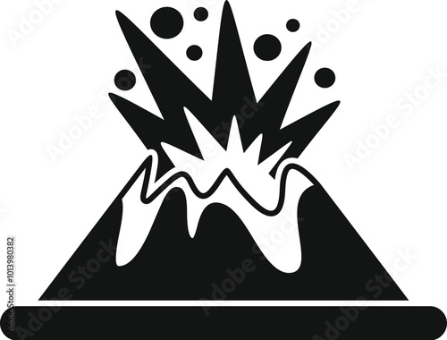 Black and white silhouette of an erupting volcano with lava flowing down its sides