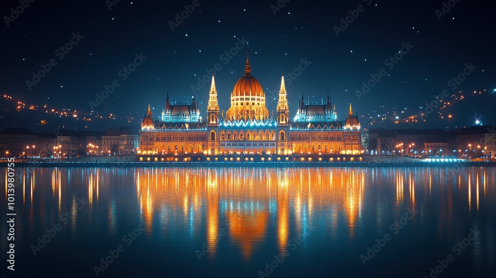 Fototapeta premium Hungarian Parliament Building Illuminated at Night with Reflections in the Danube River