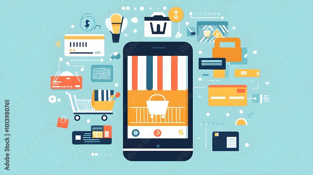 Mobile shopping app interface with icons for e-commerce, payments, and retail, set against a colorful background Mobile shopping app interface with icons for e-commerce, payments, and retail, set against a colorful background