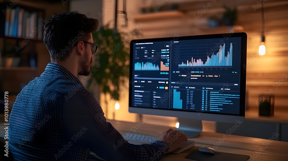 Man viewing analytics dashboard on large monitor in a dimly lit office, focusing on data analysis Man viewing analytics dashboard on large monitor in a dimly lit office, focusing on data analysis