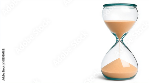 Hourglass with beige sand on white background.