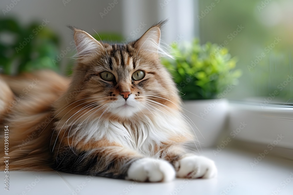 Elegant Maine Coon Cat Relaxing by a Sunlit Window Elegant Maine Coon Cat Relaxing by a Sunlit Window