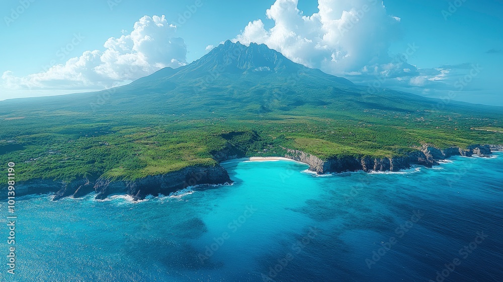 Aerial View of a Secluded Beach on a Tropical Island with a Majestic Mountain in the Background Aerial View of a Secluded Beach on a Tropical Island with a Majestic Mountain in the Background