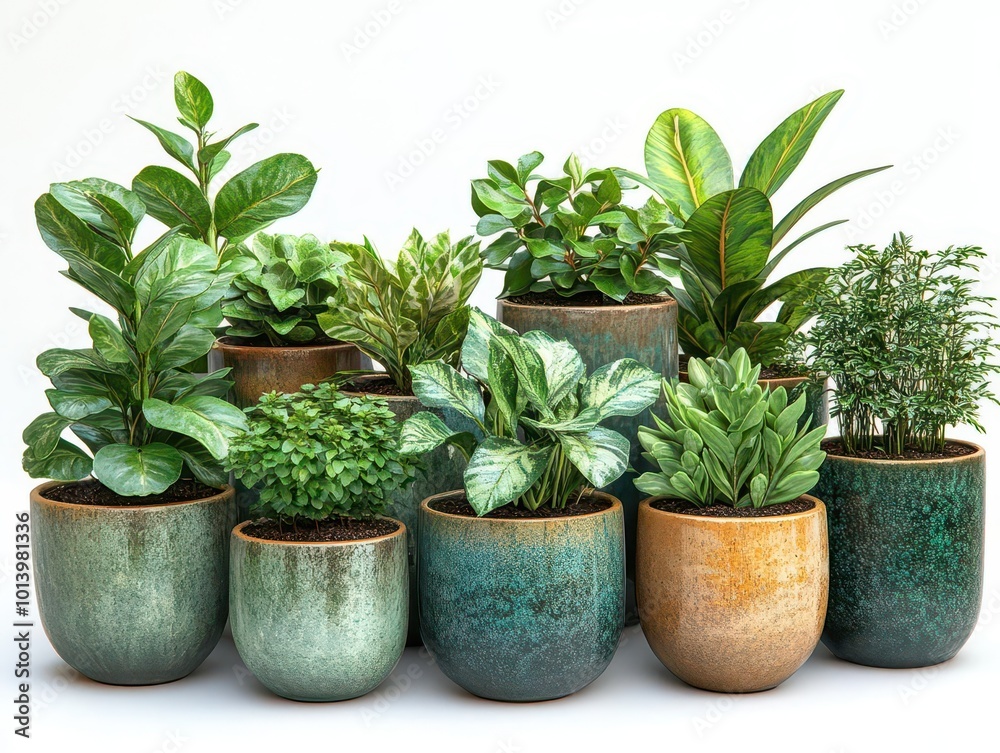 Obraz premium collection of diverse houseplants displayed in stylish ceramic pots against a white background highlighting the beauty of greenery and home gardening in a modern setting