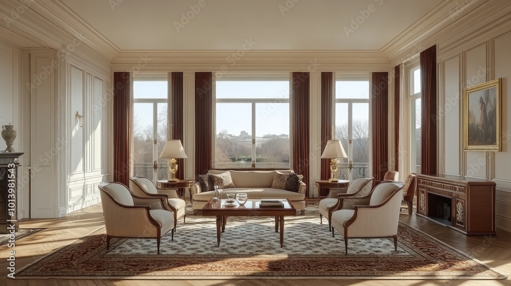 Fototapeta premium A spacious living room with large windows, a fireplace, and a comfortable seating area.