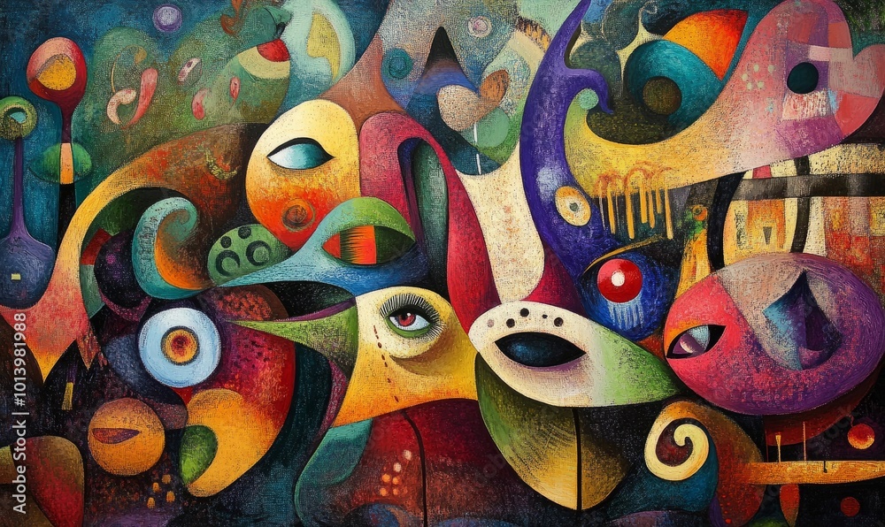 A colorful painting with many faces and eyes A colorful painting with many faces and eyes