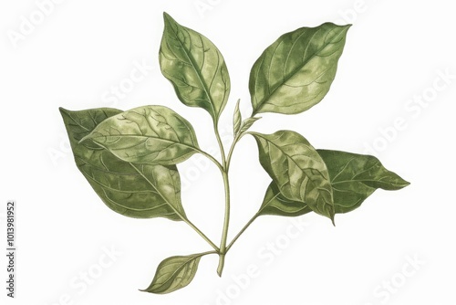 Botanical illustration of a branch with green leaves on a white background. Gymnema. Ayuurveda. Ayurvedic herbs. Generative AI