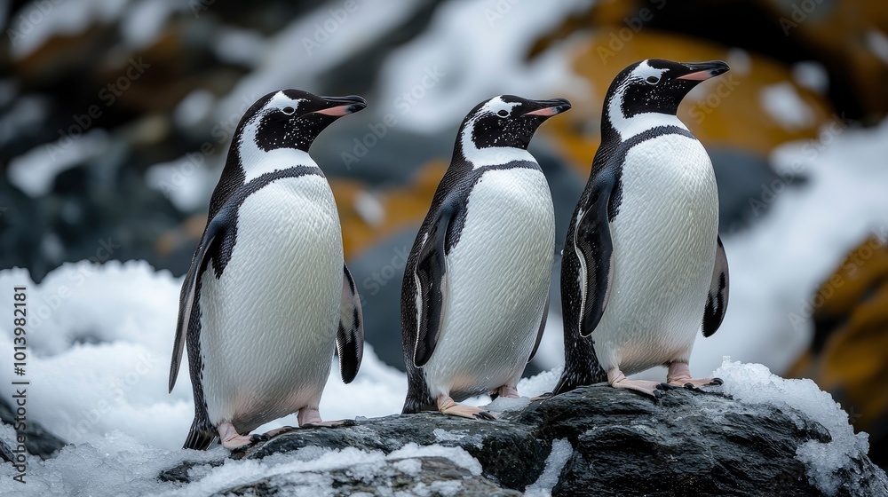 Obraz premium Three Penguins Standing on Rocks in Snowy Landscape