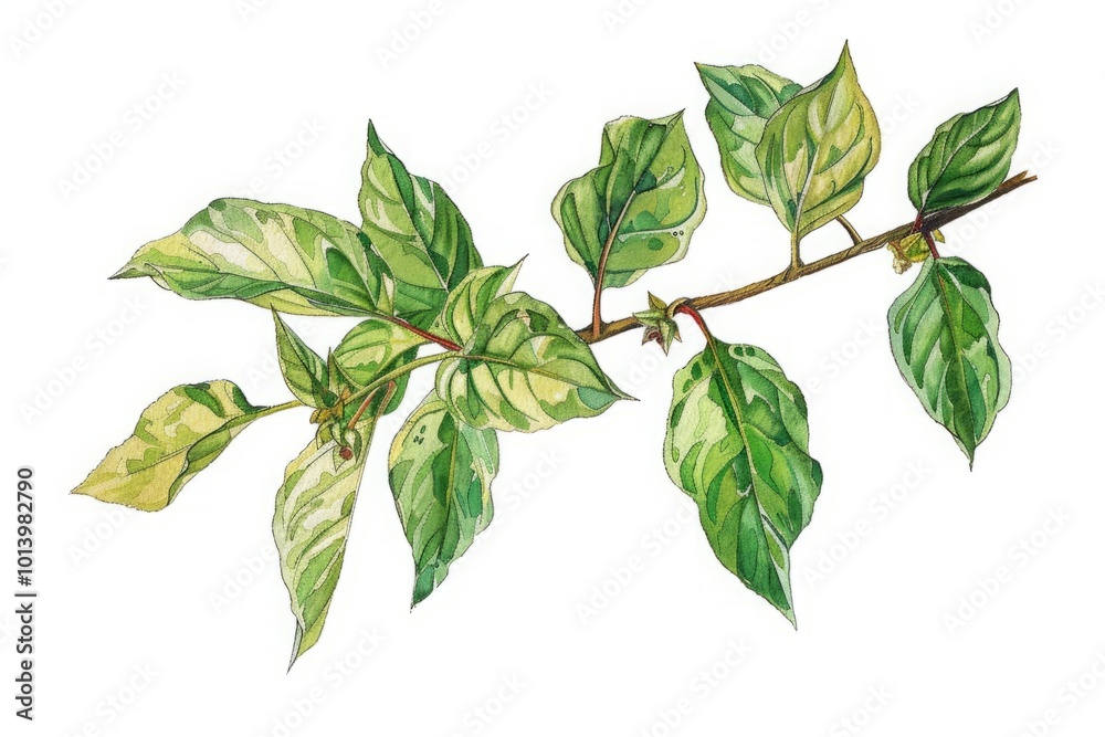 Fototapeta premium Watercolor illustration of a branch with variegated green leaves on a white background. Gymnema. Ayuurveda. Ayurvedic herbs. Generative AI
