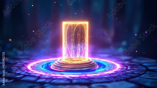 Magical neon portal in mystical forest with floating particles and glowing rings photo