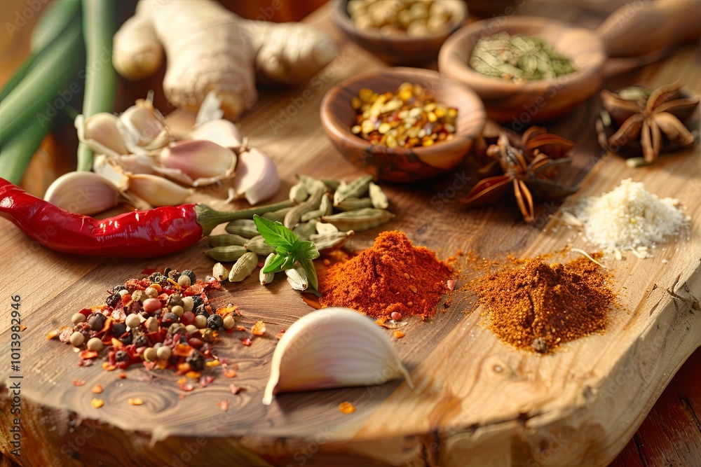 An array of colorful Asian spices is arranged on a wooden board, highlighting ginger, garlic, chili peppers, star anise, and lemongrass. Generative AI An array of colorful Asian spices is arranged on a wooden board, highlighting ginger, garlic, chili peppers, star anise, and lemongrass. Generative AI