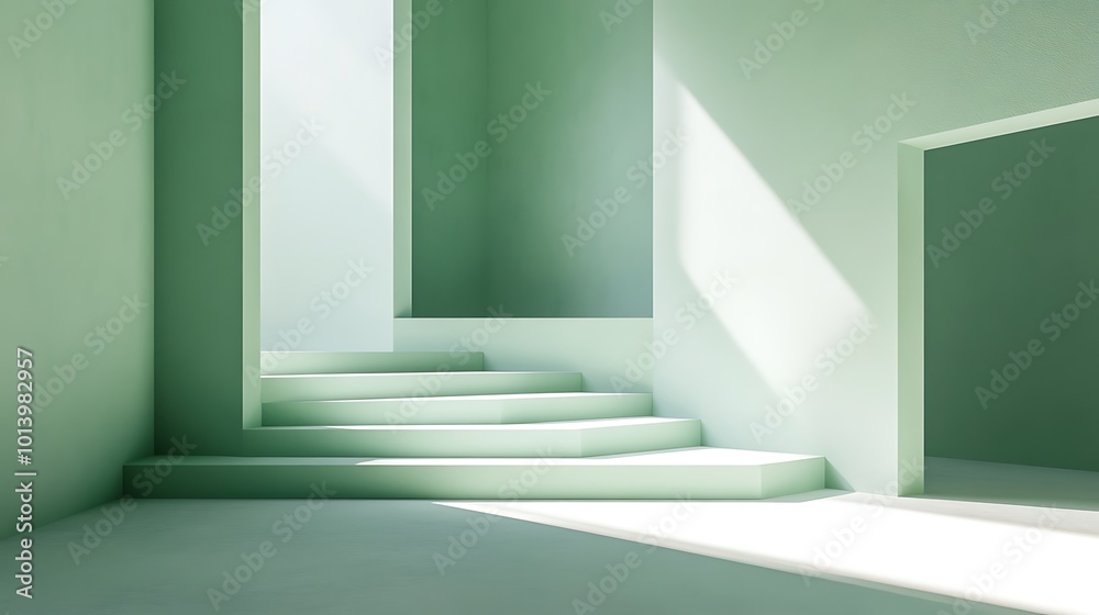 Minimalist green room with a staircase, window and door with a ray of light hitting the stairs. Minimalist green room with a staircase, window and door with a ray of light hitting the stairs.