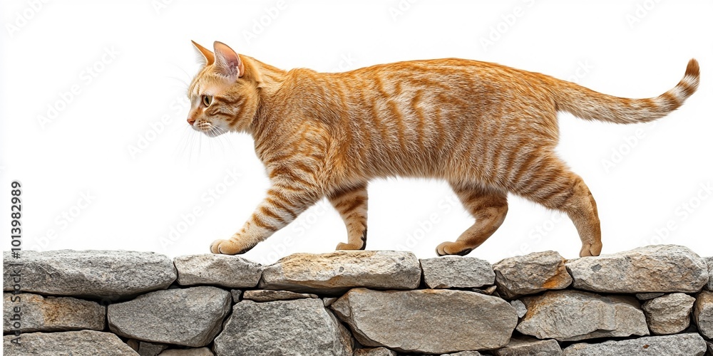 Ginger cat walking gracefully on a stone wall, showcasing balance and ...